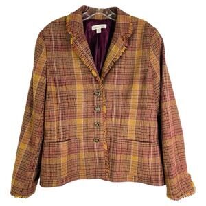 Vintage tan burgundy plaid wool preppy fringe office academia button blazer 14